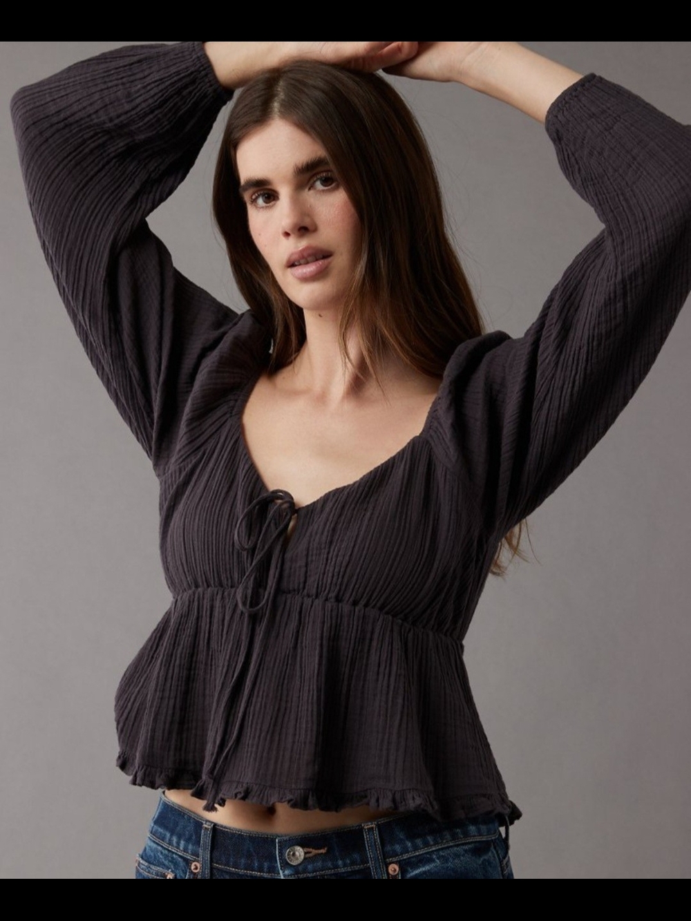 American Eagle Baby Doll Long  Sleeve Top - Dark Charcoal